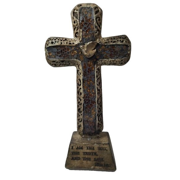 VTG Standing Cross Crucifix With Bird Inspirational Religious Decorative Rustic - Picture 1 of 6
